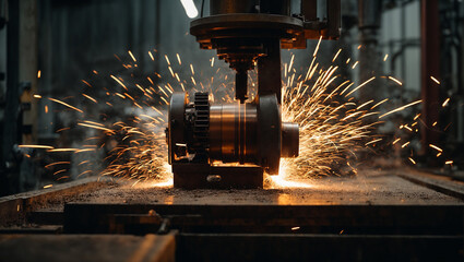 Sparks fly out machine head for metal processing. production of parts at a metallurgical plant. dark background and sparks
