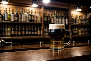 glass of beer on wooden counter in pub or bar with bottles of alcohol in background - obrazy, fototapety, plakaty