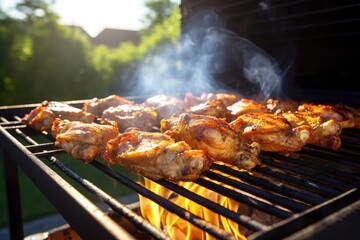 chicken wings grilling on a barbecue under sunlight