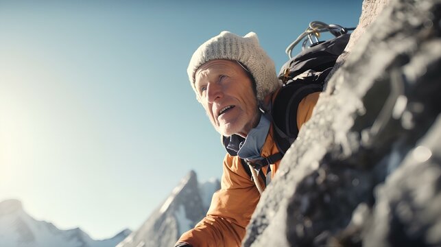 An Elderly Mountaineer Scaling The Snowy Peaks Of The Alps. A Brave Old Traveler Exploring Snow-covered Mountain. Generative AI