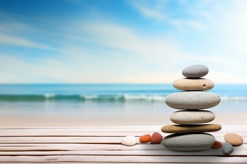 Pebble stack on wooden surface embodies Zen, spa, and beach vibes