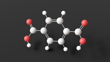 terephthalic acid molecule, molecular structure, precursor polyester pet, ball and stick 3d model, structural chemical formula with colored atoms