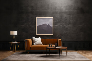 image frame mockup with a couch in front of it, comfortable sofa