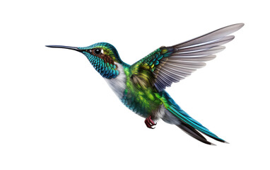 Fototapeta premium Flying Beautiful Colorful Hummingbird on White Transparent Background.