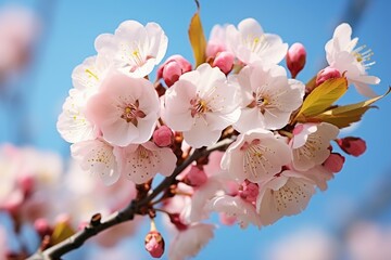 Springs charm: Cherry blossoms under a clear blue sky, white clouds