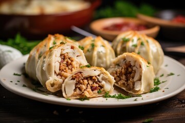 german knoedel dumplings cut open to reveal savory filling