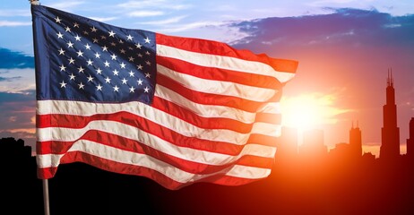 Skyline city silhouette and USA flag