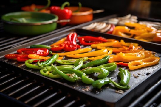 preparing vegetable fajita with peppers on a griddle