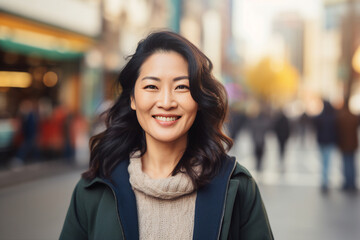Generative ai image of smiling positive asian lady in the city - obrazy, fototapety, plakaty