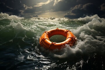 Turbulent sea An orange life buoy floats amid the stormy waves - obrazy, fototapety, plakaty