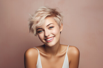 Generative AI picture of beautiful blonde woman fashion model after salon hairdresser procedure - obrazy, fototapety, plakaty