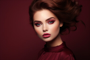 Fototapeta premium Generative AI portrait picture of beautiful glamorous luxury make up fashion model girl over red maroon background