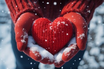 Valentines Day sentiment hands in mittens shaping a snowy heart - obrazy, fototapety, plakaty