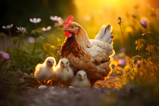 Mother hen with chickens on a walk. Photo of a bird in nature. Homemade farm bird.