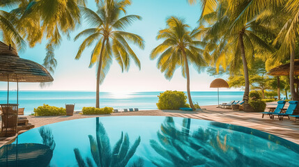 Fototapeta na wymiar Swimming pool in the tropical resort with palm trees created with Generative AI technology