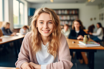 Generative AI portrait of a beautiful happy girl high school student graduate in sunny classroom - obrazy, fototapety, plakaty