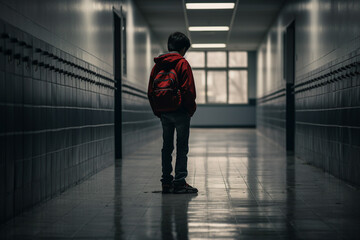 Generated by AI picture of an upset unhappy young person suffering from depression and bullying in dark school corridor - obrazy, fototapety, plakaty