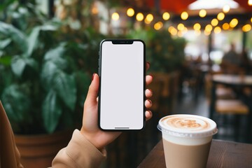 Woman sipping coffee, holding mobile with blank white screen mockup