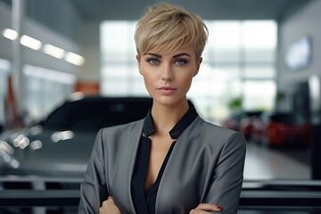 Beautiful woman with a stylish short haircut in the office. Manager, boss