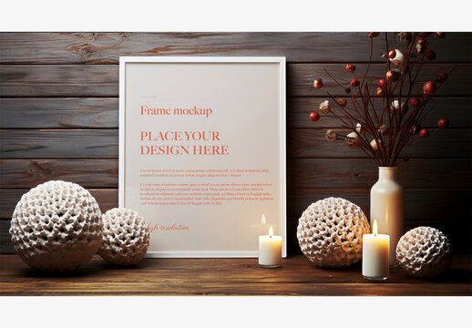 Frame Mockup Christmas New Year: White Picture Frame on Wooden Table with Candles, Flowers, and Plants
