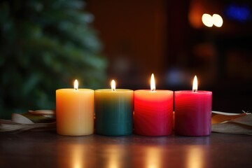 Fototapeta na wymiar three unlit candles waiting to be lit next to four burning candles