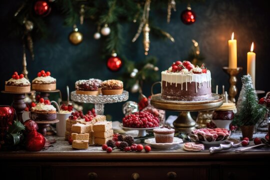 festive dessert spread on a sideboard