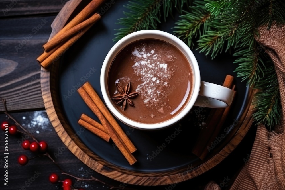 Sticker overhead view of hot chocolate with cinnamon sticks