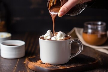 hand pouring whipped cream onto steaming cup of hot chocolate