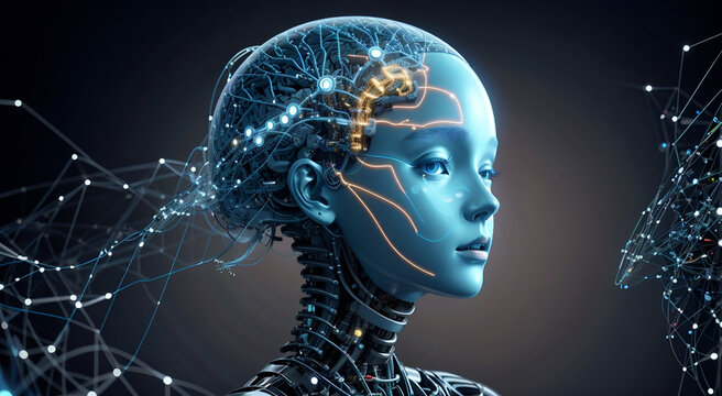 Neural network of big data and artificial intelligence circuit board in the head and face of a blue human outlining concepts of a digital brain, computer Generative AI stock illustration image