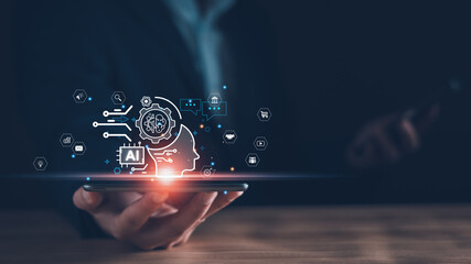 AI technology, Artificial Intelligence. Man using technology smart robot AI, artificial...