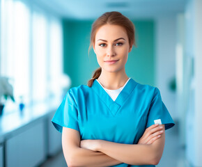 Nurse or a Doctor, standing in a hospital hallway. Portrait of a female healthcare provider. Shallow field of view.