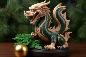 Green wooden dragon figurine on a table with fir branches in the background. Symbol of the New Year. - obrazy, fototapety, plakaty