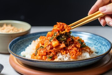 serving a spoonful of kimchi onto a plate with rice and meat