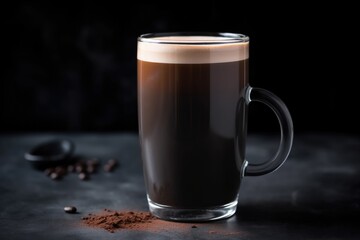 black latte in a ceramic mug on a matte black surface