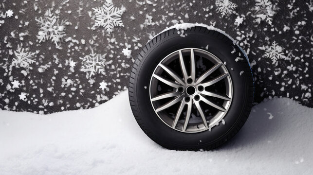 A car wheel with winter tires stands on the snow with falling snowflakes on a gray background. Free space for advertising text.