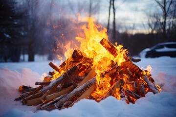 logs catching fire in a snow-surrounded bonfire