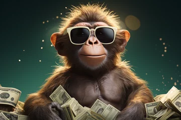 Zelfklevend Fotobehang cute monkey with sunglasses and cash © Salawati
