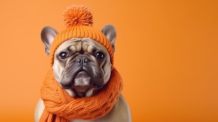 Cute French Bulldog Dressed in a Orange Scarf and Hat with Space for Copy - generative AI