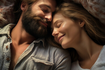 Generative AI portrait picture of two people couple in love sleeping together in bed