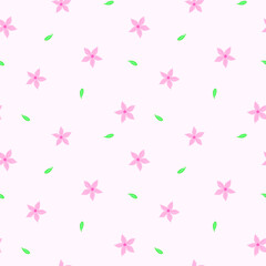 Seamless pattern with cute pink flower with five petals and small green leaves for printing, wrapping paper, gift, or textile.