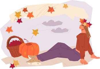 Woman enjoying autumn weather and harvest of seasonal fruits and vegetables. Autumn season composition.