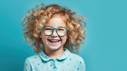 Happy little curly blond girl with big eyeglasses. Isolated on solid blue background - generative AI