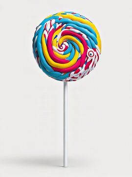 Una piruleta de caramelo vibrante y colorida, con remolinos de rosa, azul y amarillo, que descansa sobre un fondo blanco pr&iacute;stino.