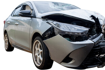 Front and side of broze or gray car get damaged by accident on the road. damaged cars after...