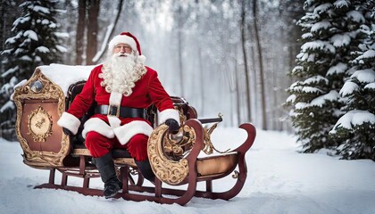 Santa Claus riding on  deer sleigh with snow forest background - obrazy, fototapety, plakaty