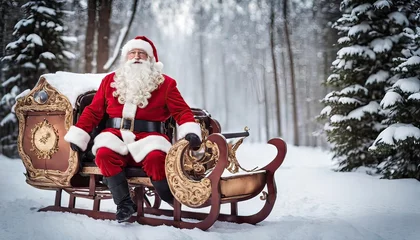 Fotobehang Santa Claus riding on  deer sleigh with snow forest background © ศุภกร ดาราเรือง