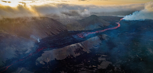 Drone view over an active volcano in Iceland