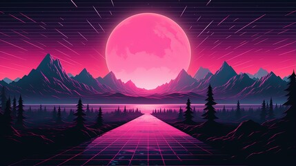 cool retrowave or synthwave style poster wallpaper background, night grid poster - obrazy, fototapety, plakaty