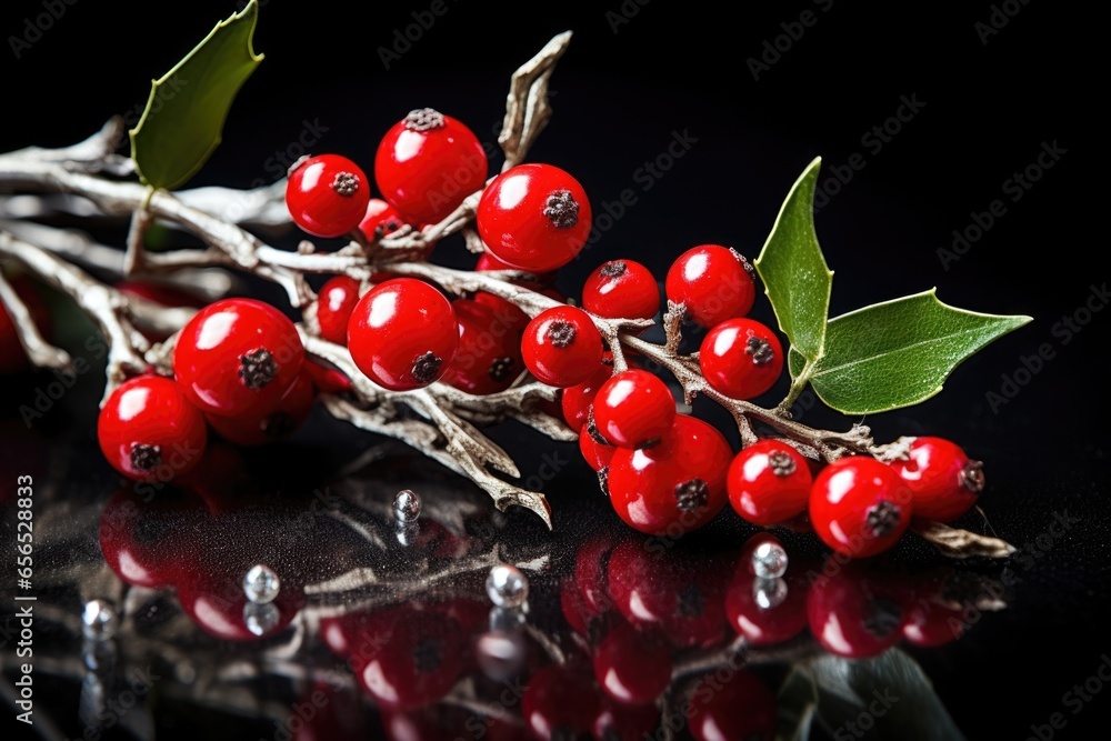 Poster miniature glossy christmas baubles on the mistletoe branch