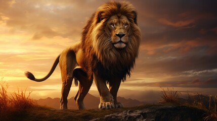 powerful image of a majestic lion, standing on a savannah hill, the rays of the sun burning through...